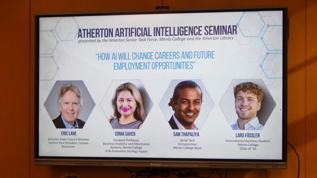 Alt text: "Presentation slide for Atherton Artificial Intelligence Seminar featuring four speakers. Each speaker's photo is displayed with their name and credentials. The seminar, hosted by Atherton Senior Task Force, Menlo College, and Atherton Library, discusses the impact of AI on careers and future employment opportunities."