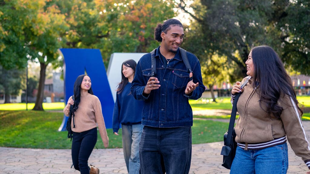 Transfer and undergraduate students connect on the Menlo College campus, where personalized support, small class sizes, and experiential learning help students successfully complete their bachelor's degrees and prepare for careers in Silicon Valley.