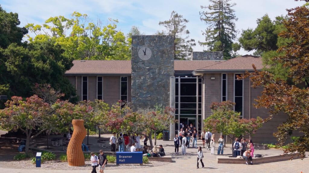 Brawner Hall on the Menlo College campus in Atherton, California, surrounded by the College’s tree-lined grounds.