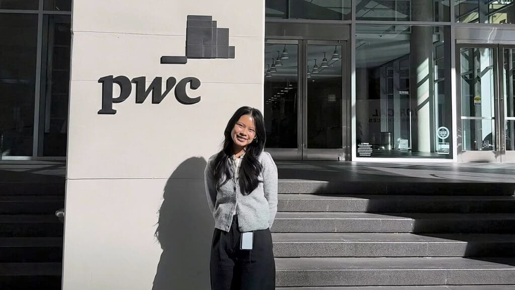 Menlo College accounting student Ronielle Bico stands outside the PwC office in San Francisco during her summer internship.