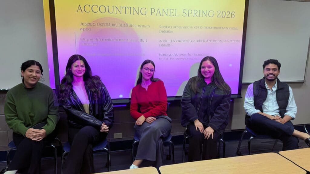 Five Menlo College alumni pose together at the Spring 2026 Accounting Panel. From left: Natalya Alvarez, Abigail Parises, Andrea Vlasceanu, Sophia Umanzor, and Miguel Arguello.