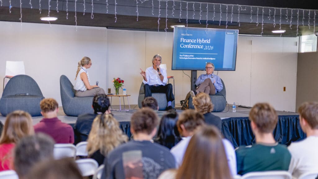 Menlo College student Juliette Chabrier, left, moderates the Real Estate Market Outlook panel with real estate leader John McNellis, center, and Menlo alumnus Chop Keenan ’66 during FHC 4.0. Photo: Miranda Canniff / Menlo College