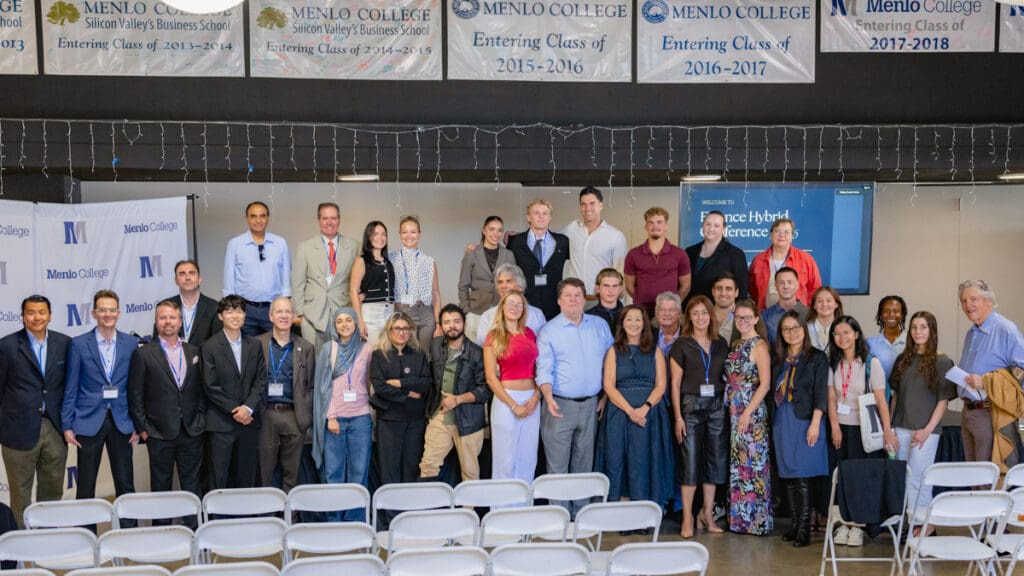Menlo College FHC 4.0 guest speakers and student planners pose together for a group photo in the Student Union following the fourth annual Finance Hybrid Conference on September 25, 2026.