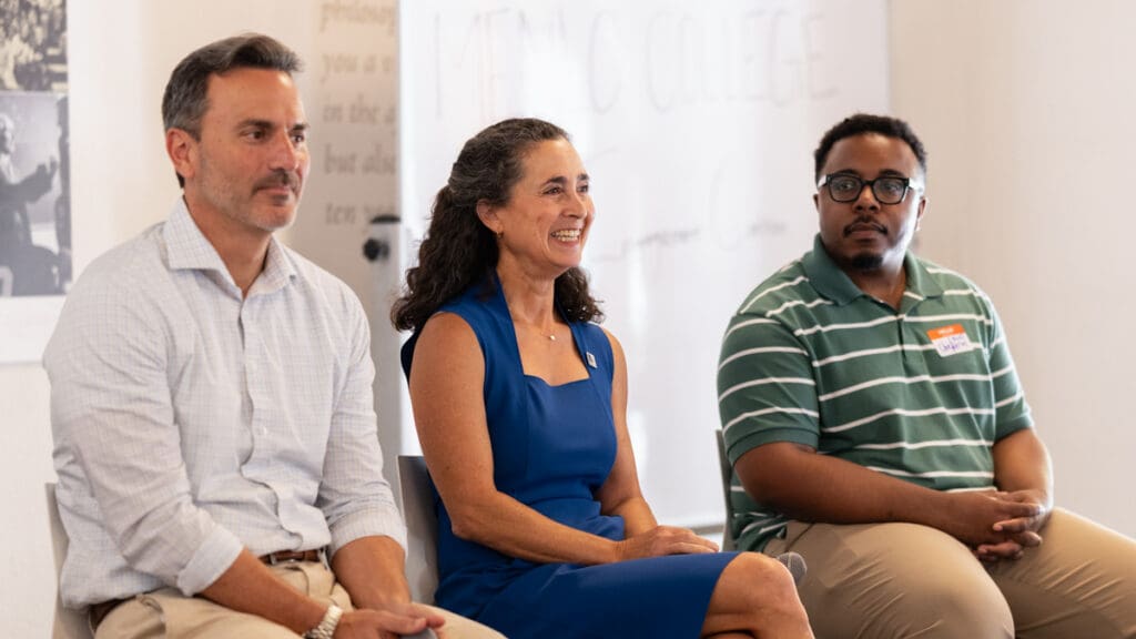 San Mateo County Supervisor and Menlo College adjunct faculty member Ray Mueller (left), Menlo College Interim Chief Academic Officer Dr. Melissa R. Michelson (center), and Chephren Goree (right), Outreach Coordinator with the San Mateo County Registration & Elections Division, participate in the Civic Engagement Forum hosted by Menlo College’s student-led Civic Engagement Coalition on October 7, 2026.